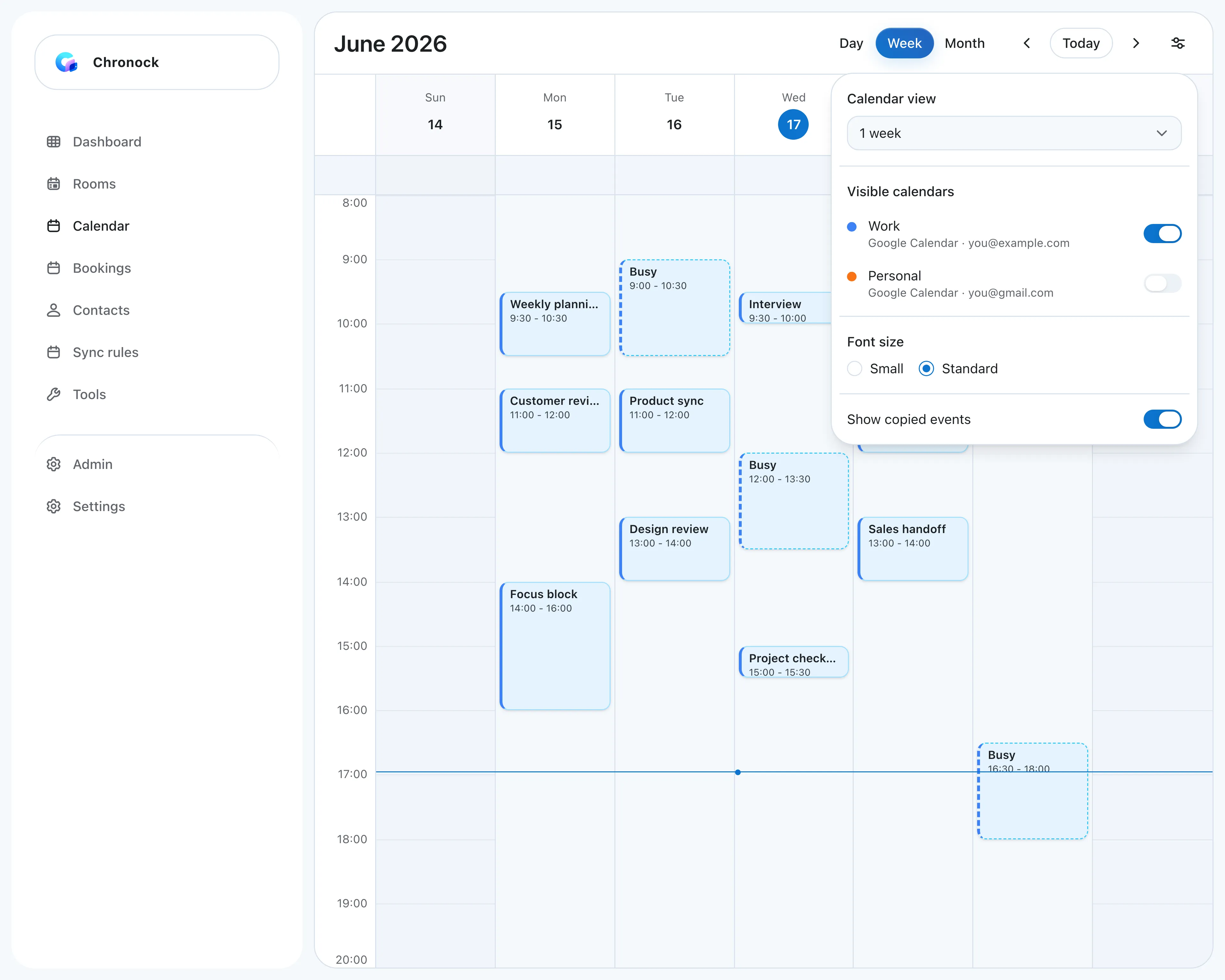 Chronock integrated calendar week view showing only the work calendar, with personal appointments appearing as dashed Busy blocks