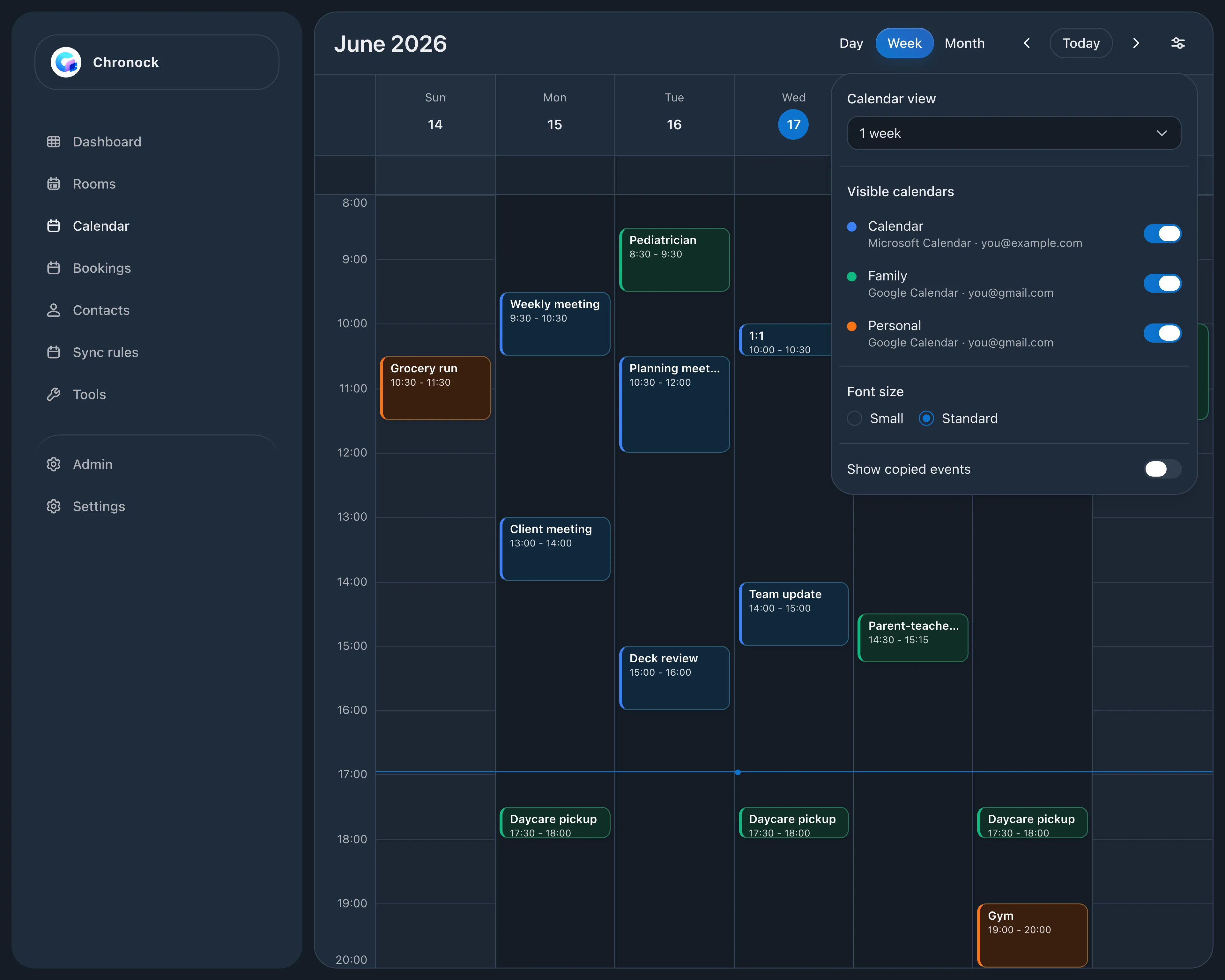 Integrated calendar week view combining a work Outlook calendar, a shared Family Google Calendar with daycare pickups and a pediatrician visit, and a personal calendar, with display settings listing each calendar and its account