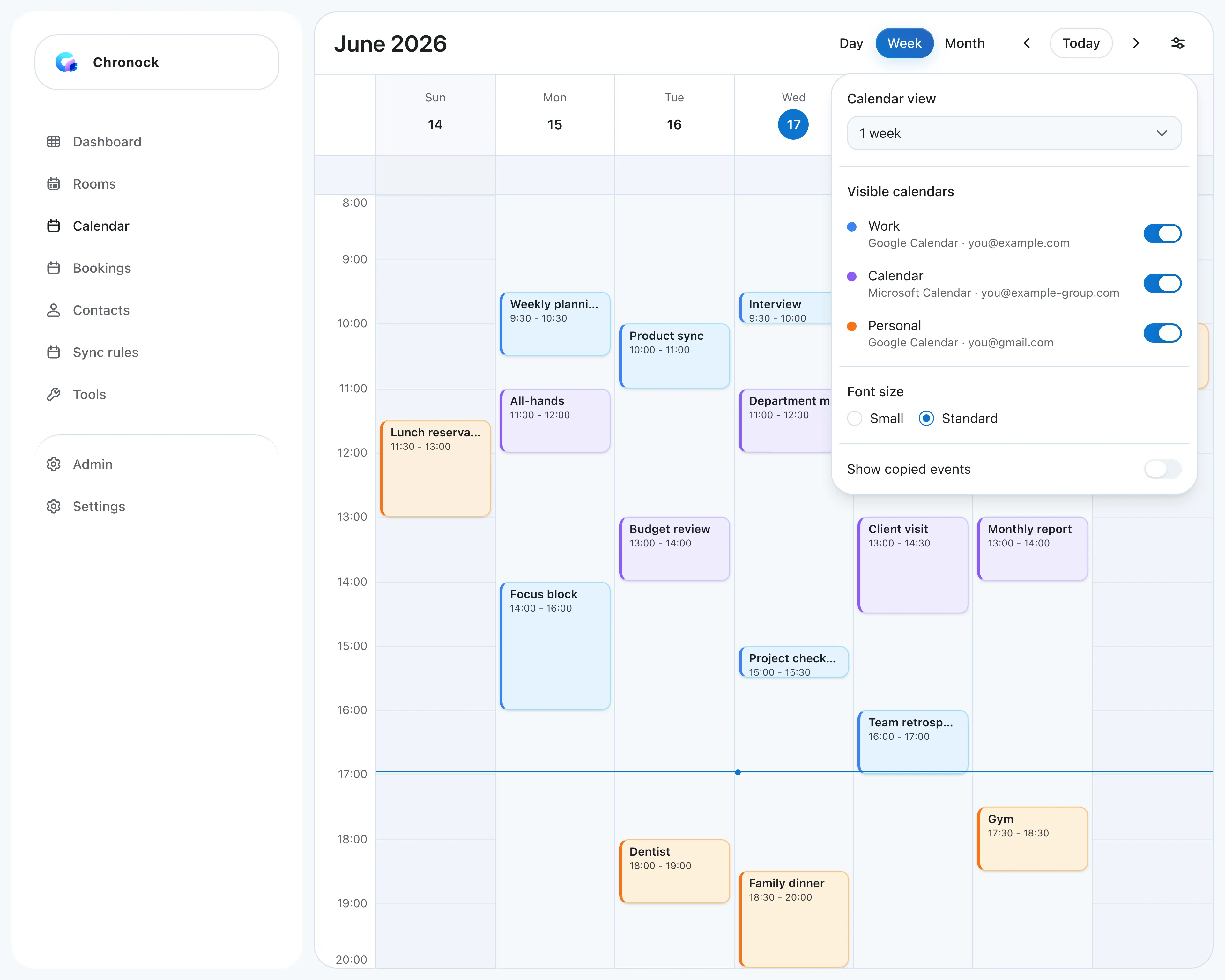 Chronock’s integrated calendar in week view, showing events from a work Google calendar, a company Outlook calendar, and a personal Gmail calendar. The display settings popover lists each calendar with its provider and account email.