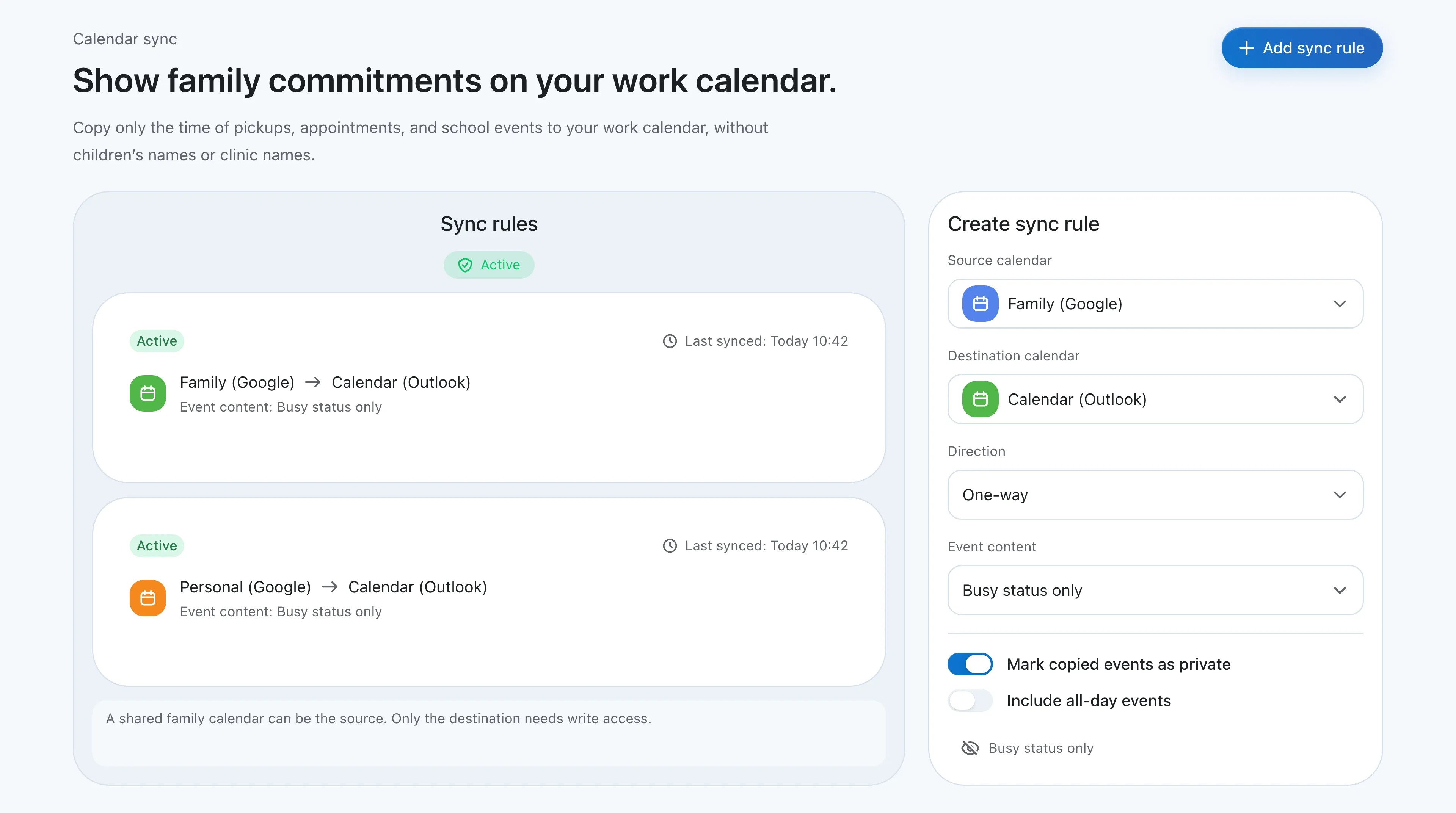 Sync rules screen with one-way, Busy-only rules from Family (Google) and Personal (Google) to Calendar (Outlook)