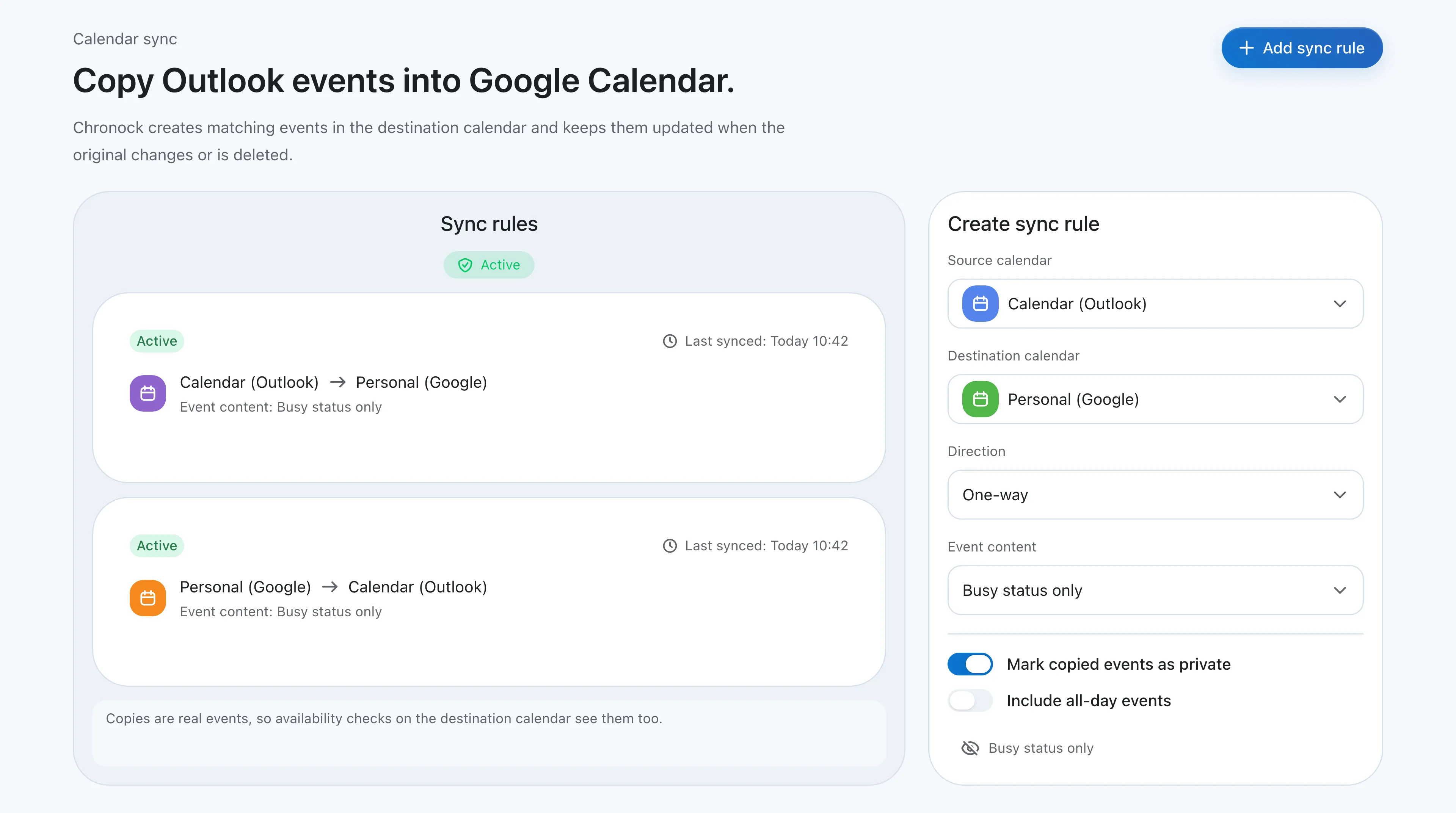 Chronock sync rules screen with a one-way, busy-only rule from Calendar (Outlook) to Personal (Google), and a second rule in the opposite direction