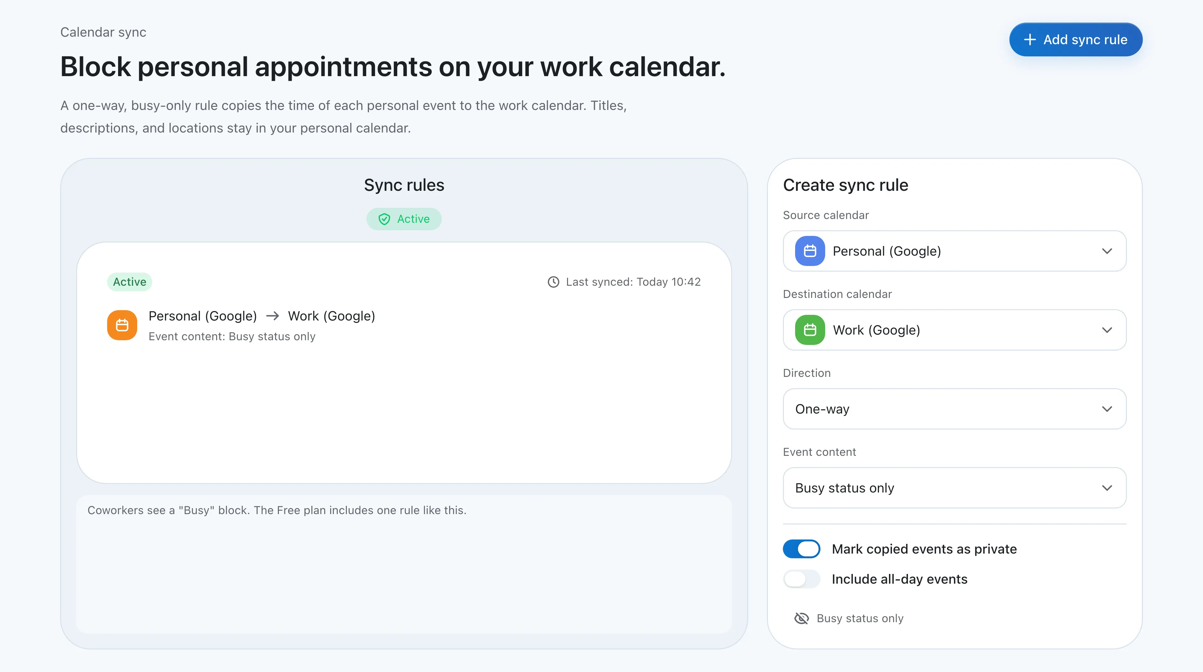 Chronock sync rules screen with a one-way rule copying a personal Google calendar to a work Google calendar as busy status only.