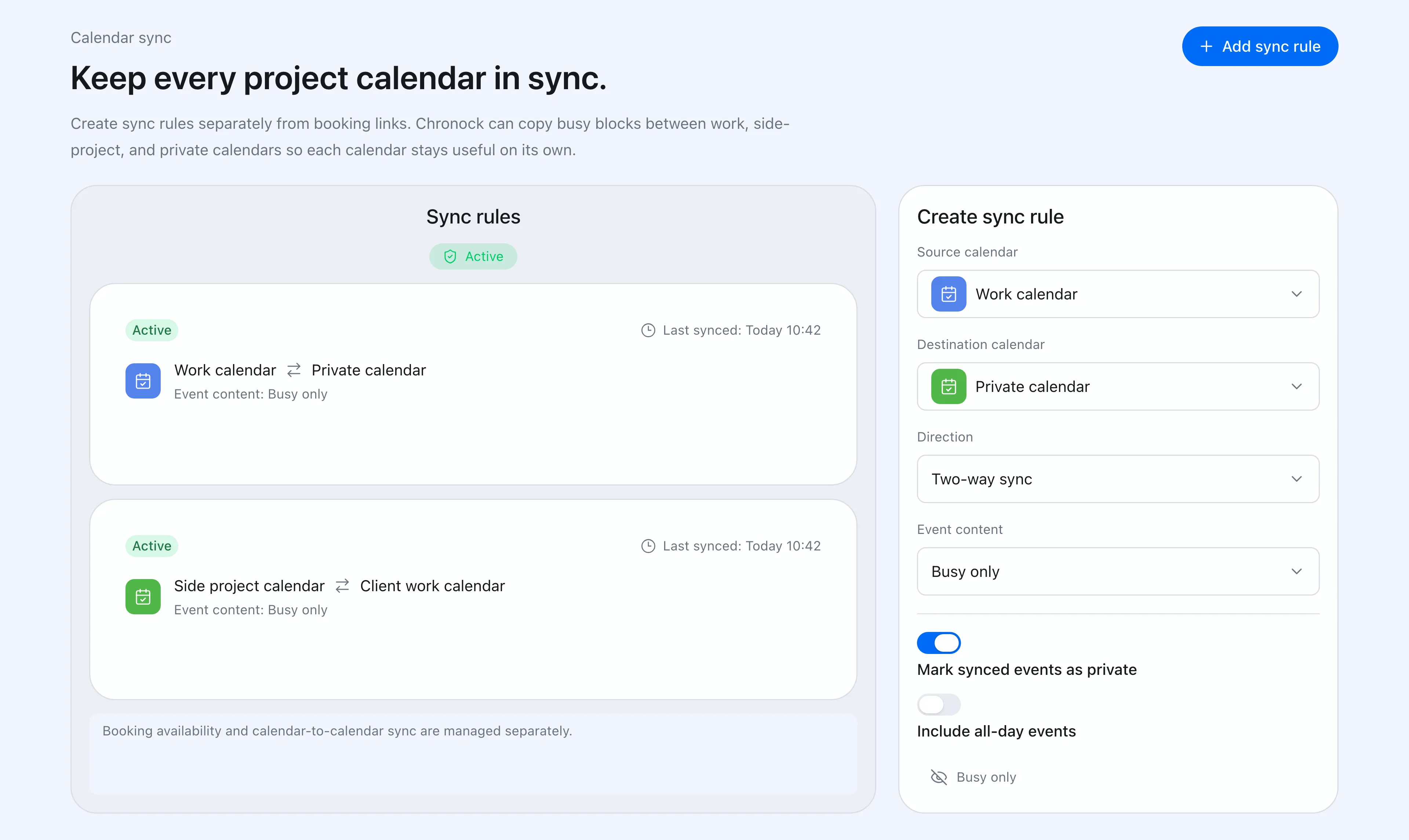 Chronock calendar sync rule settings
