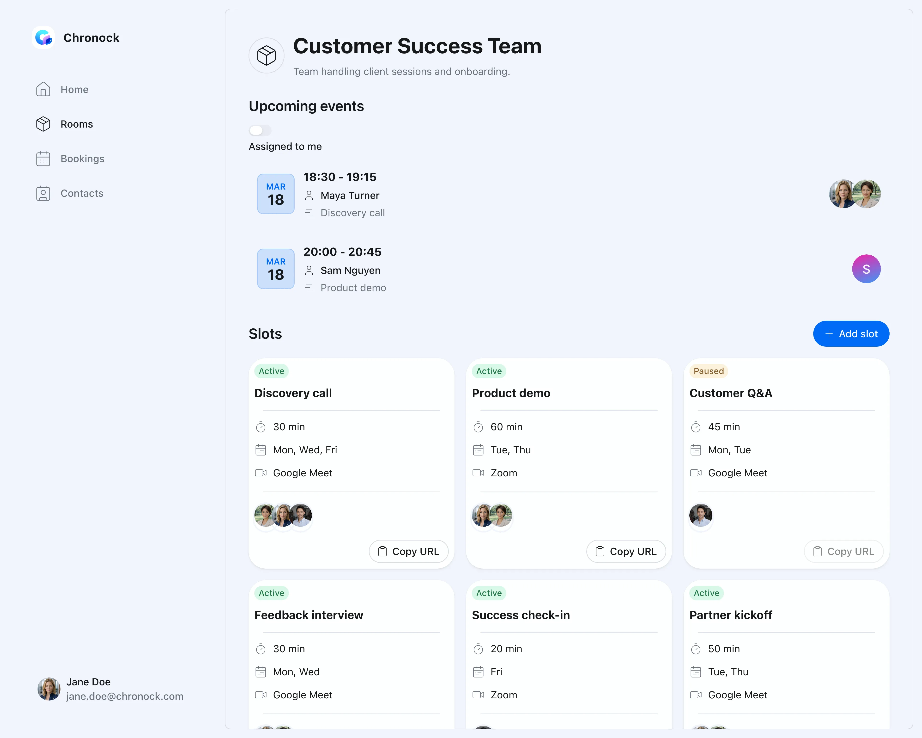 Chronock room screen for a customer success team, listing slots such as Discovery call, Product demo, and Customer Q&A as cards with duration, available days, and meeting tool.