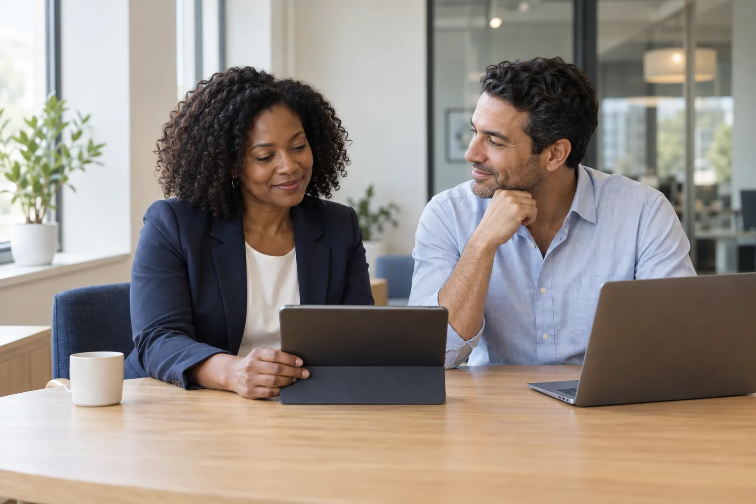 Two professionals discussing plans with a tablet at a table in a bright office