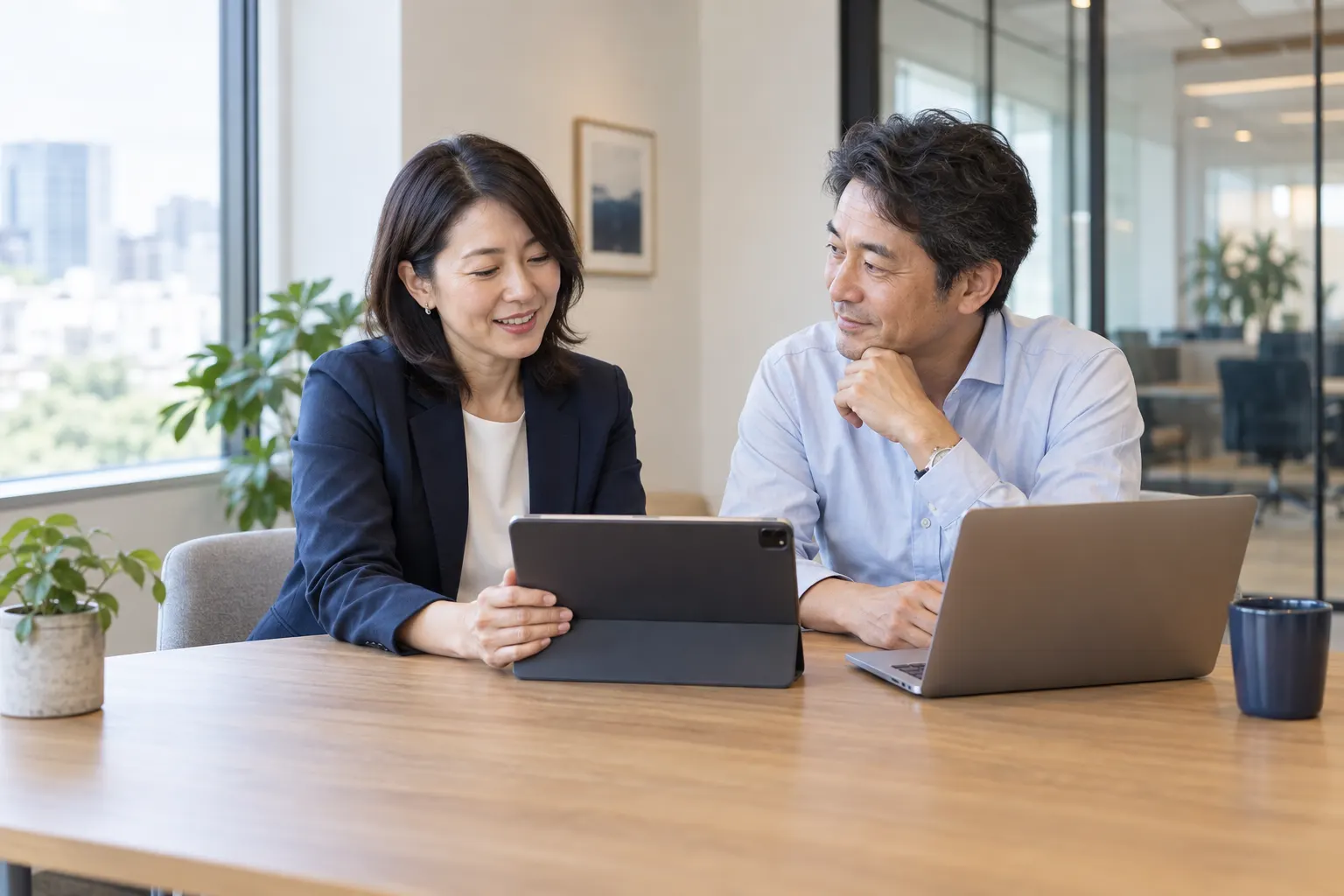 明るいオフィスのテーブルで、タブレットを使って相談する二人のビジネスパーソン
