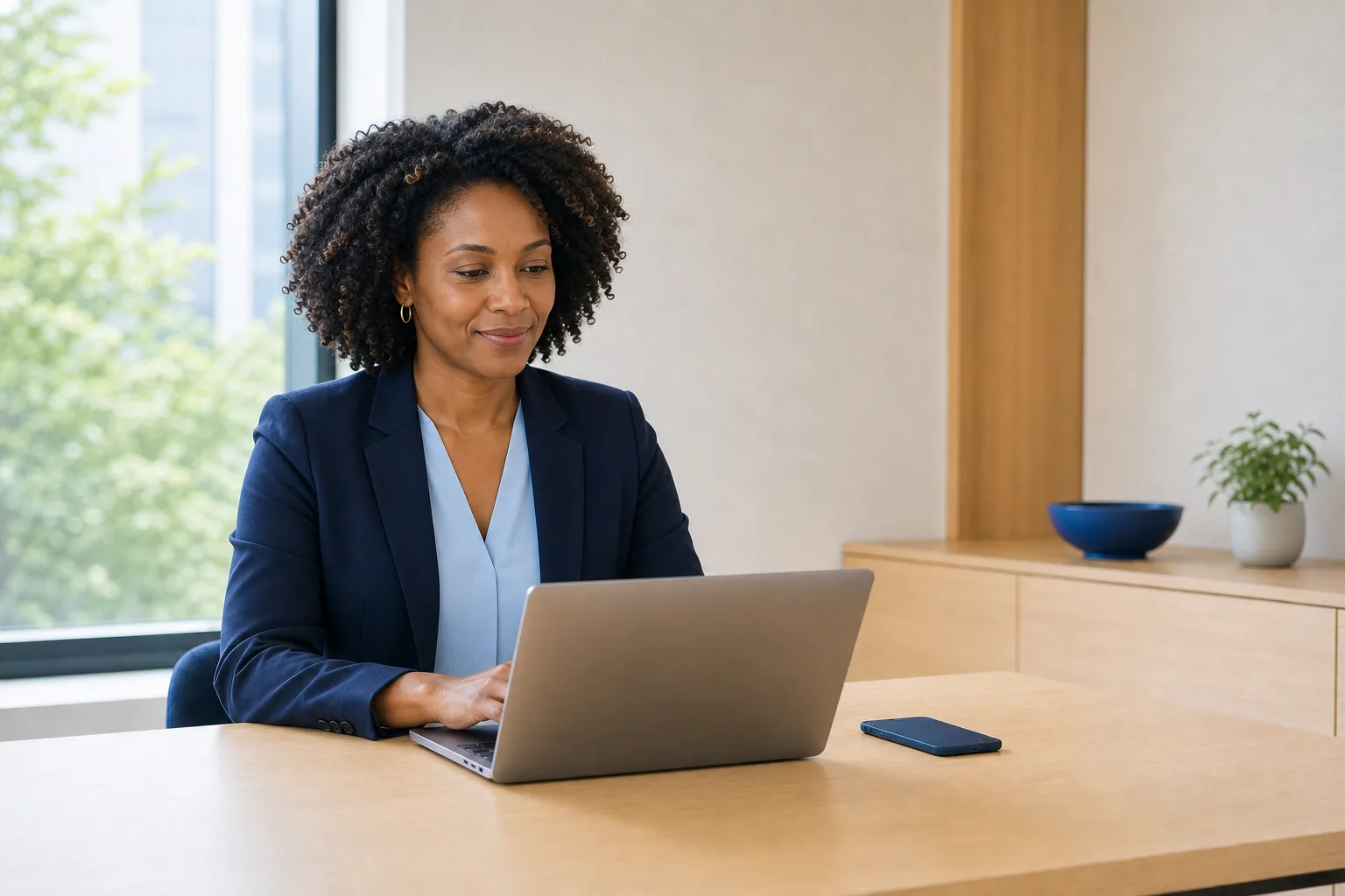 A professional reviewing her schedule on a laptop at a bright office desk