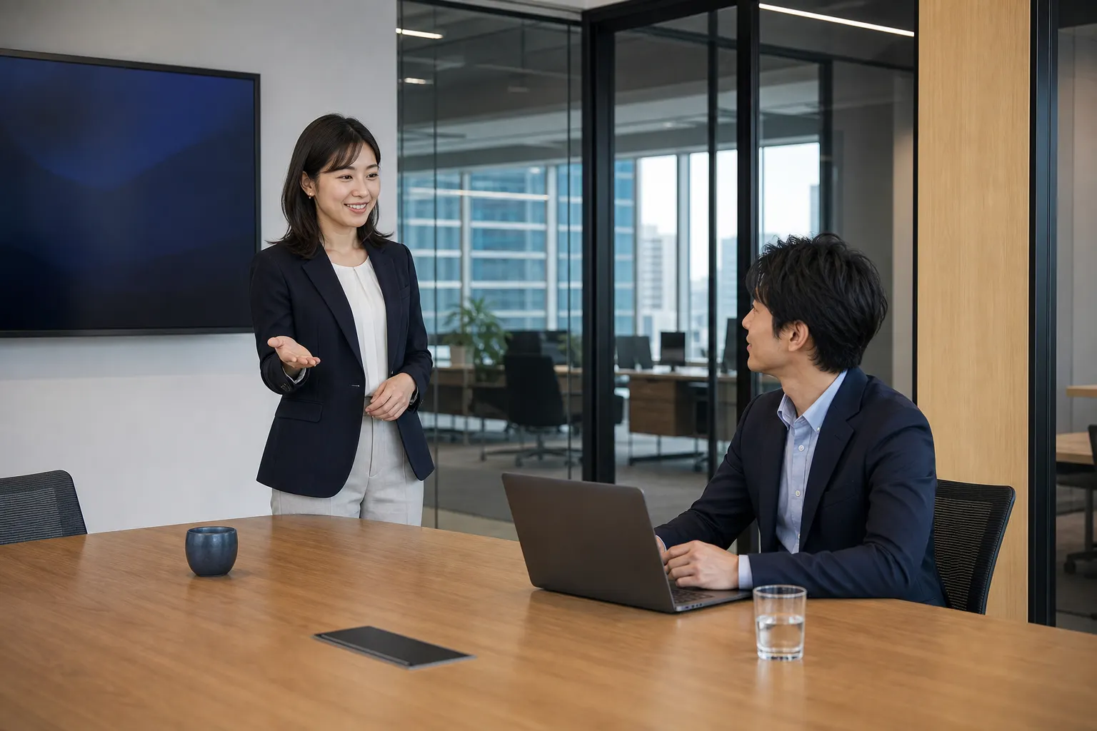 デジタルディスプレイのある会議室で商談する営業担当者と見込み顧客