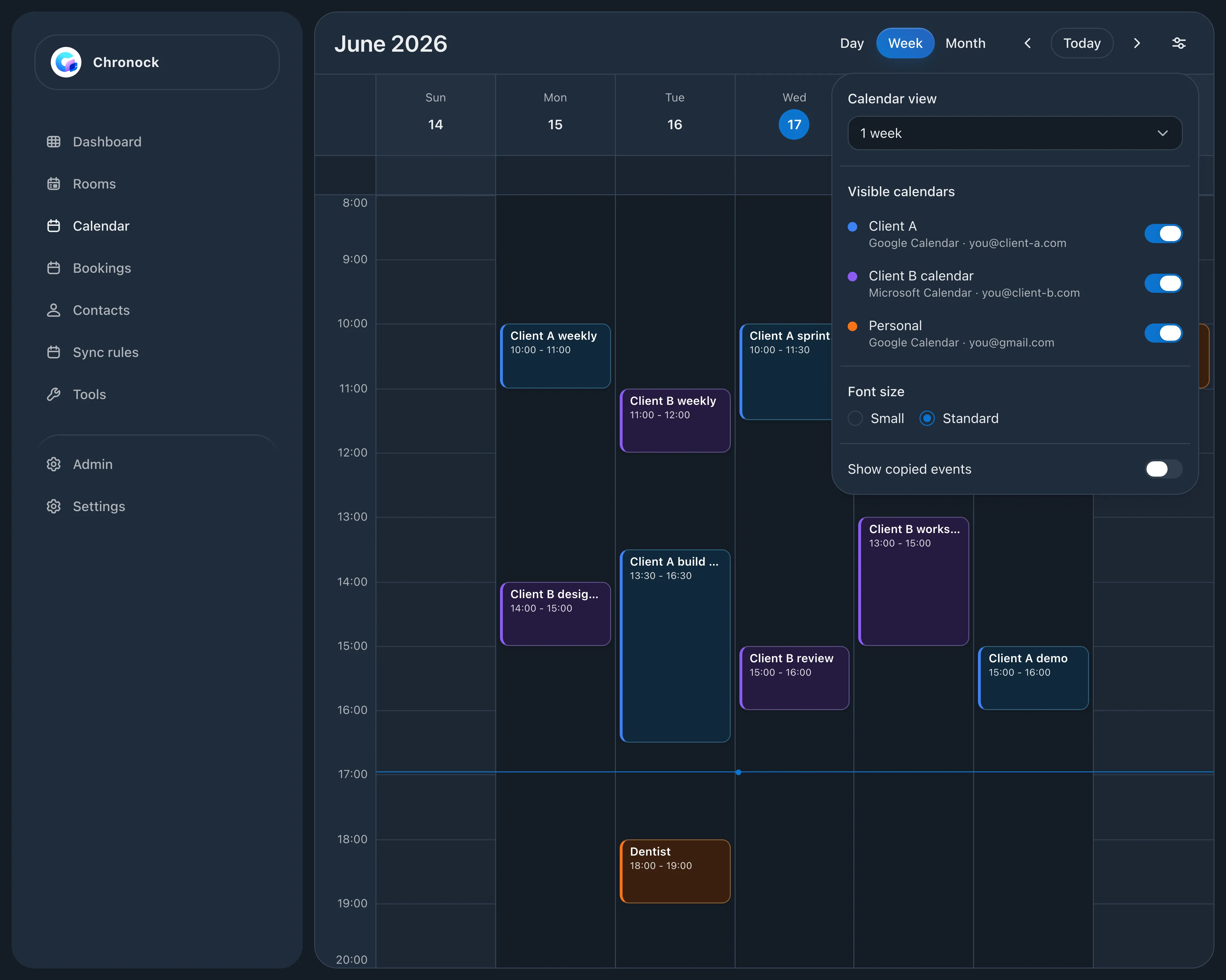 Integrated calendar week view combining Client A’s Google Calendar, Client B’s Outlook calendar, and a personal calendar, with display settings listing each calendar and its account