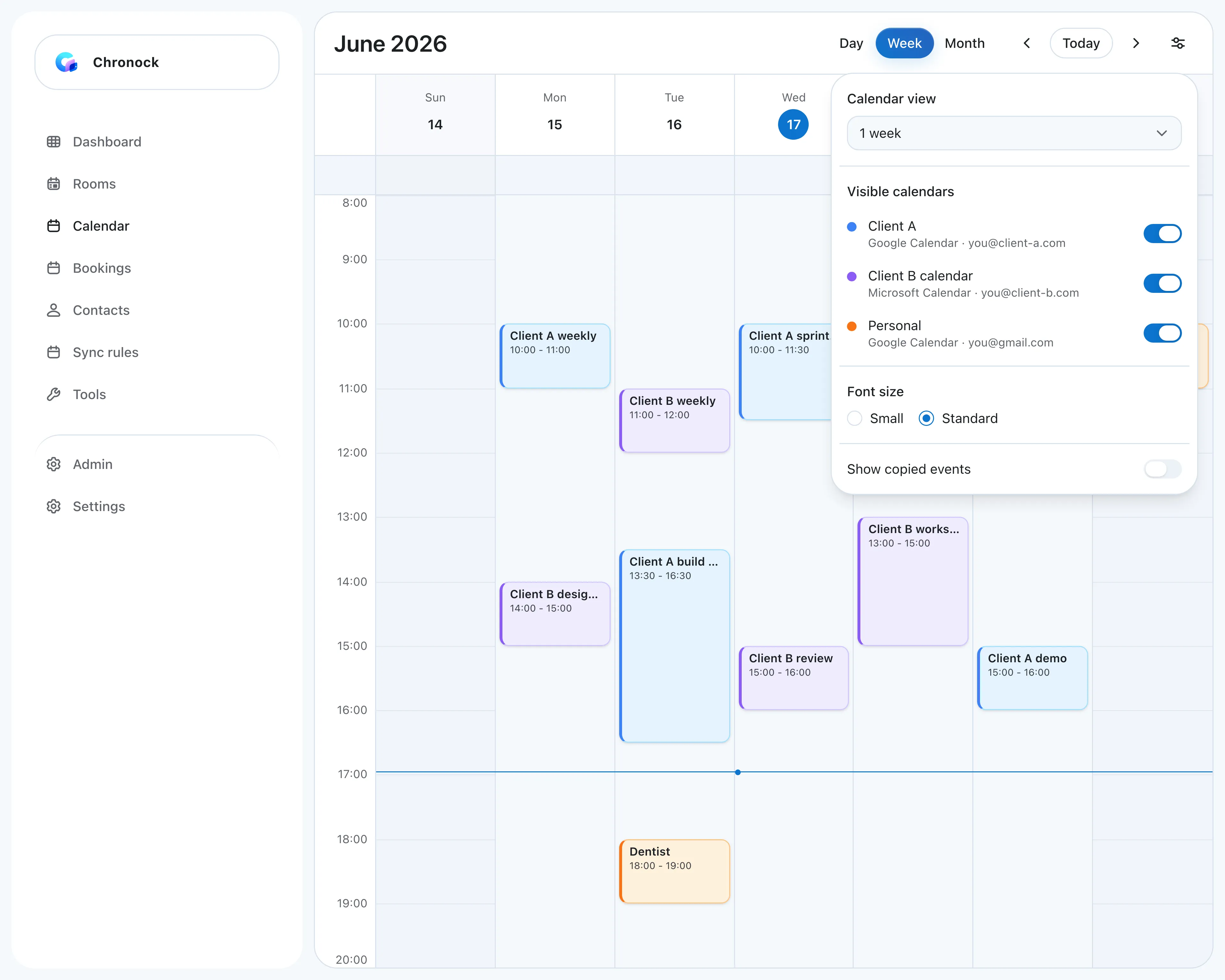 Integrated calendar week view combining Client A’s Google Calendar, Client B’s Outlook calendar, and a personal calendar, with display settings listing each calendar and its account
