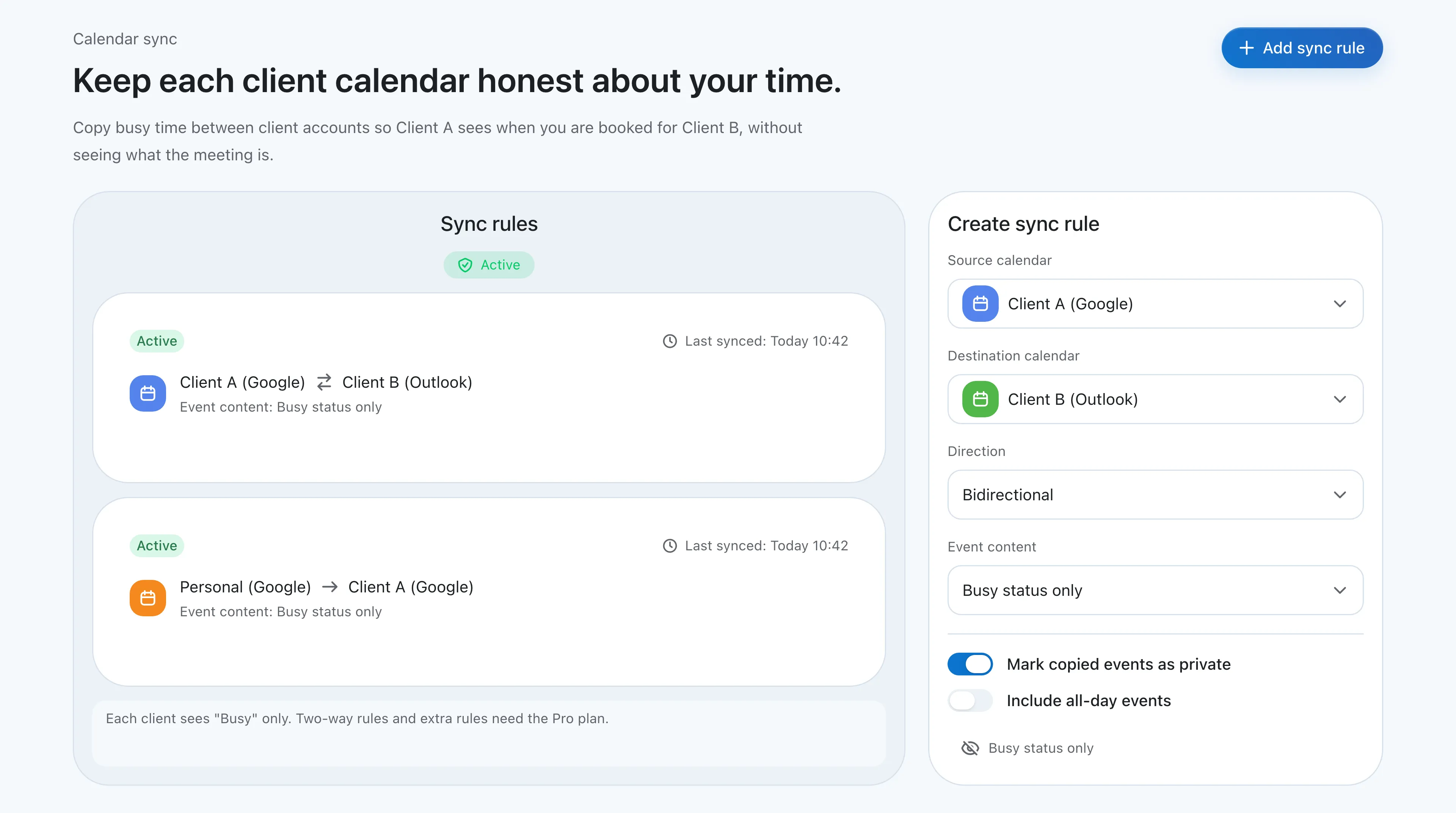 Sync rules screen with a two-way rule between Client A (Google) and Client B (Outlook) and a one-way rule from Personal to Client A