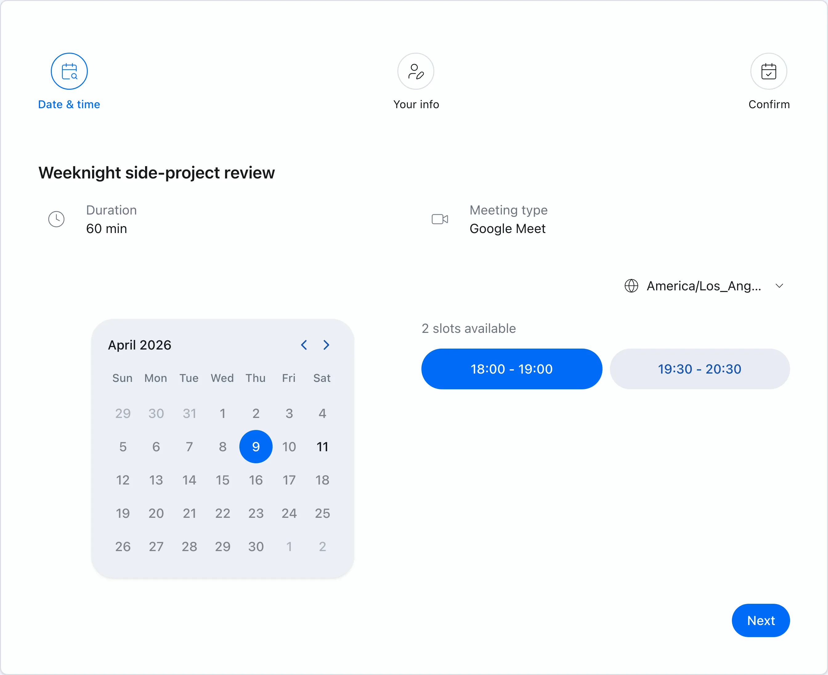 Chronock booking page showing available times