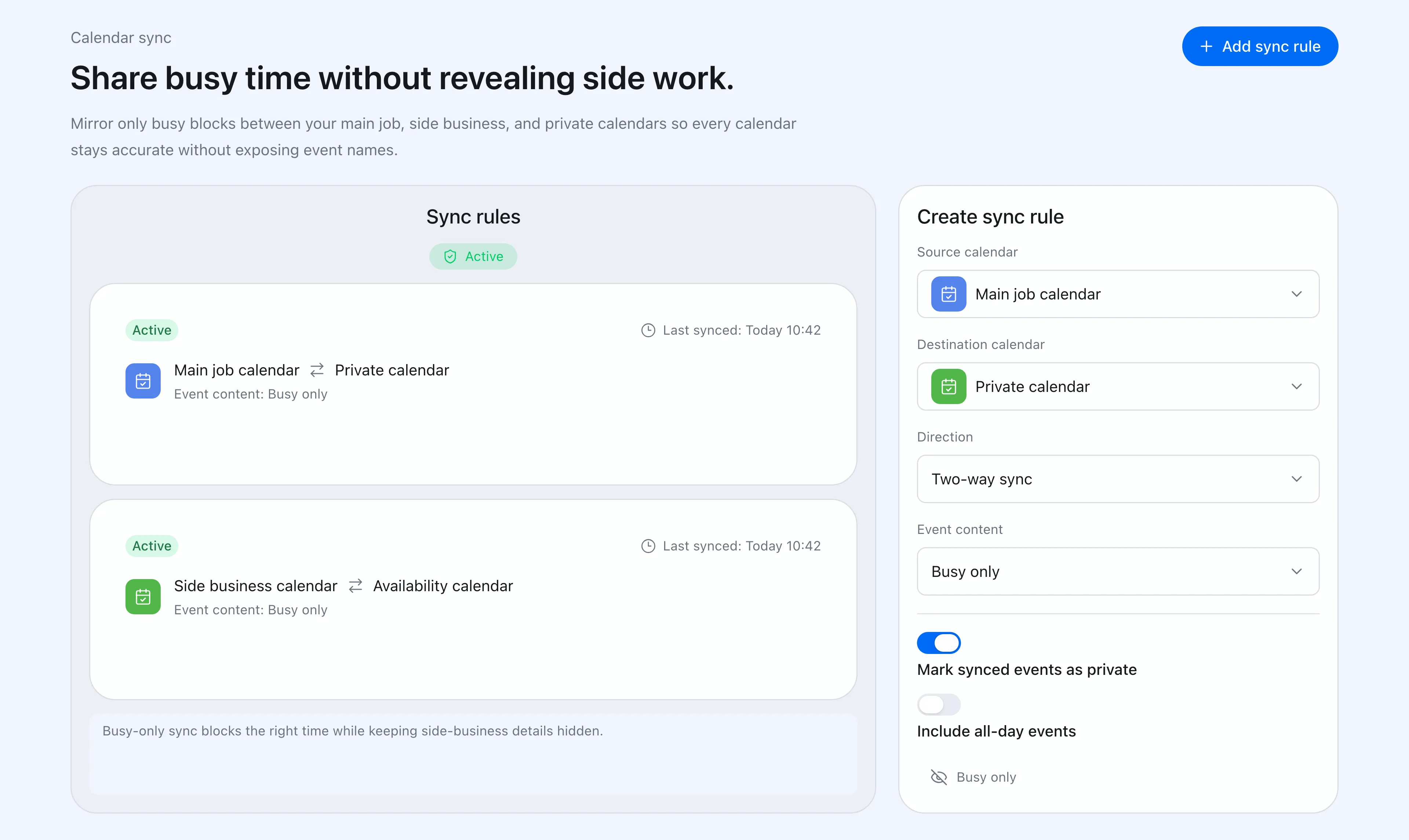 Chronock calendar sync rule settings