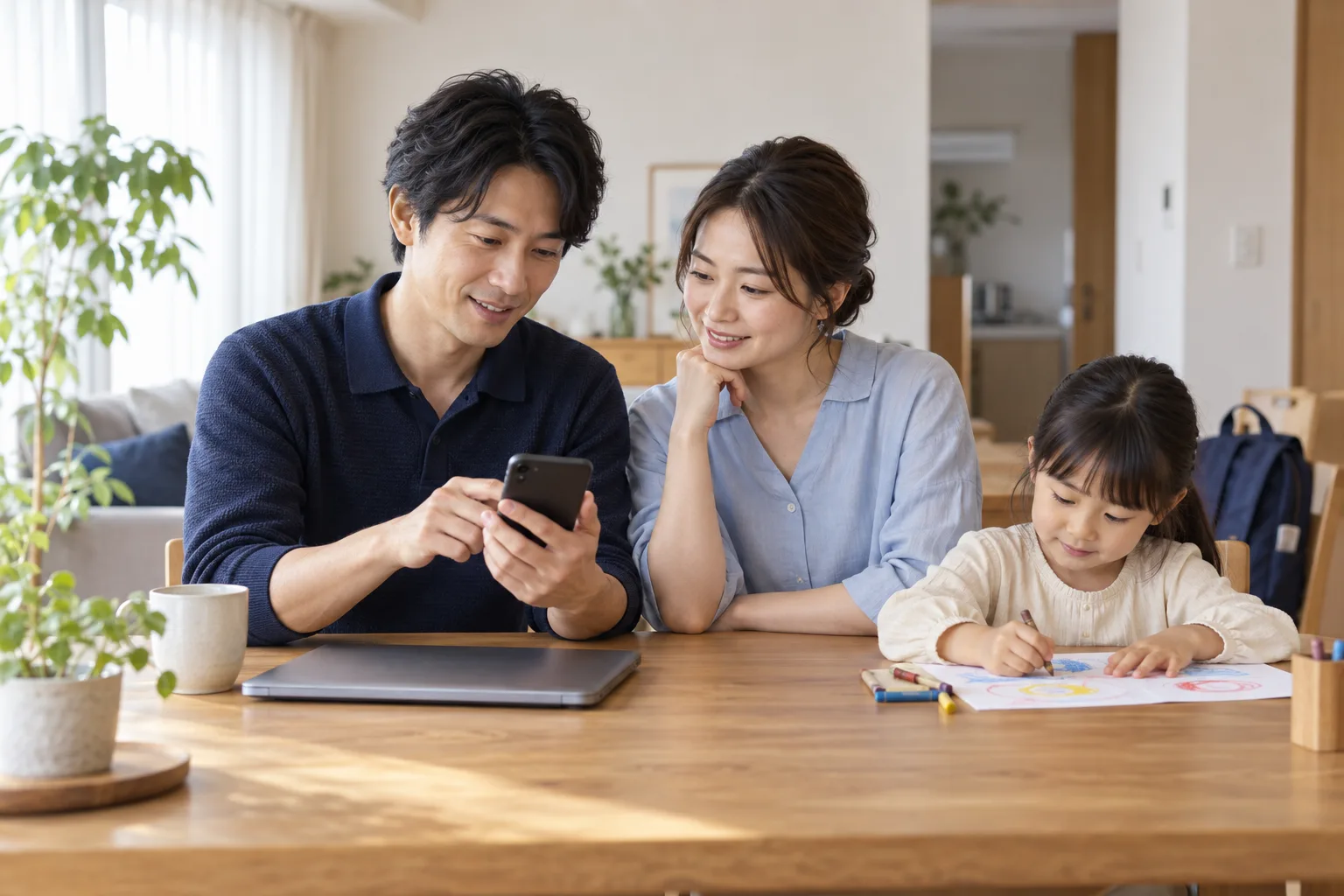 自宅のダイニングでスマートフォンを一緒に確認する二人の大人と、隣で絵を描く子ども