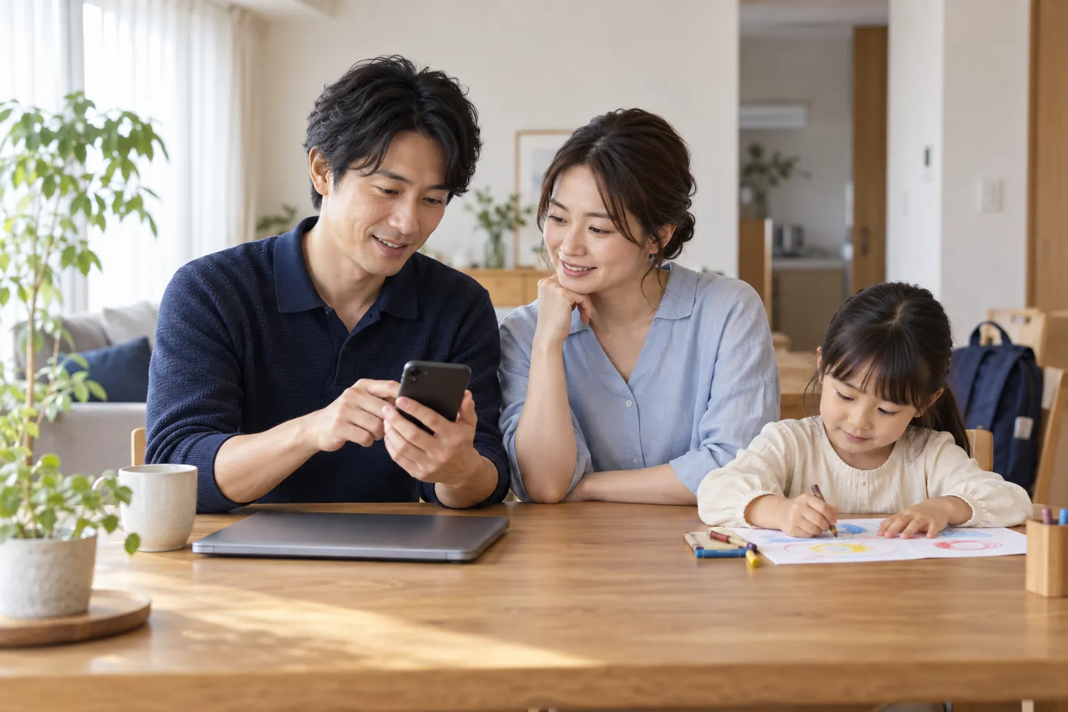 自宅のダイニングでスマートフォンを一緒に確認する二人の大人と、隣で絵を描く子ども